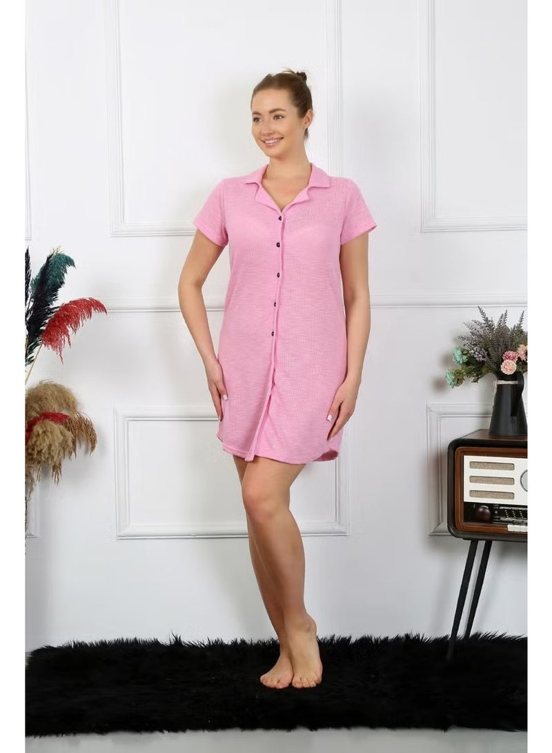 Akbeniz Women's Cotton Woven Short Sleeve Buttoned Pink Tunic Nightgown 13110 - Image 4